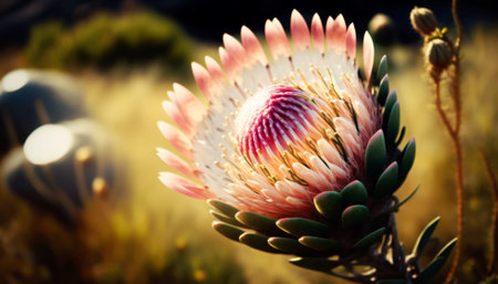 Beautiful protea flower blooming in the meadow, South Africaの素材