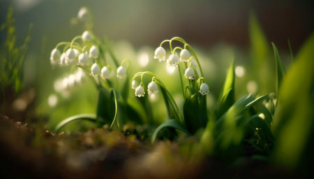Spring snowdrop flowers. Beautiful blooming lilies of the valley in the sunlightの素材