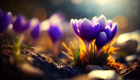 Violet crocus flowers in the forest. Early spring. Europe. Symbol of peace and joy. Landscaping, gardening, ecotourism, environmental conservation. Art, macrophotography, bokeh, soft focusの素材