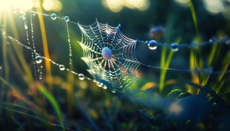 Spider web with dew drops in the morning. Beautiful nature backgroundの素材