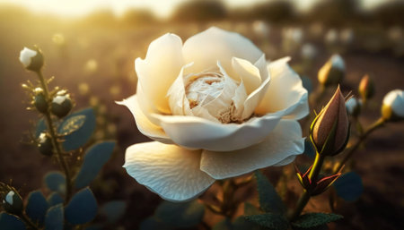 Beautiful white rose flower in the garden on the sunset background.の素材
