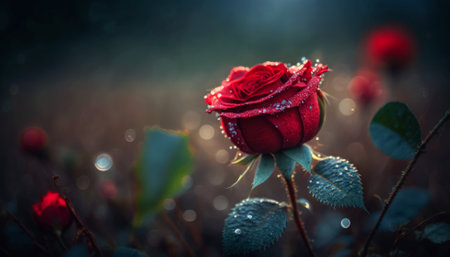 Beautiful red rose with dew drops on the background of the fieldの素材
