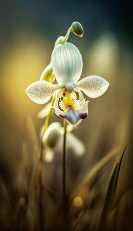 White orchid in the meadow. Nature background. Soft focus.の素材