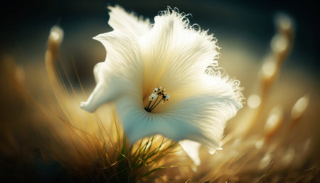 Close up of a white flower in the grass. Selective focus.の素材