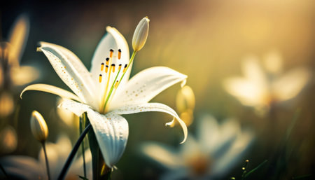 White lily flower in the meadow. Spring nature background.の素材