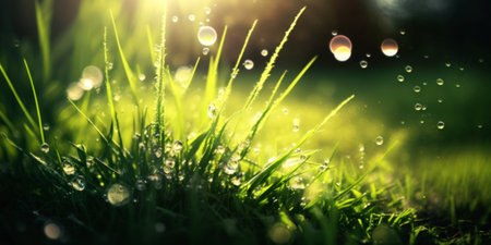 Fresh green grass with dew drops and bokeh background.の素材