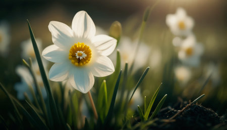 Beautiful white daffodils in the sunlight. Spring landscape.の素材