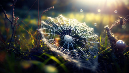 spider web with dew drops in the meadow at sunriseの素材