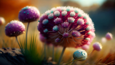 Macro shot of a purple flower in a meadow at sunsetの素材