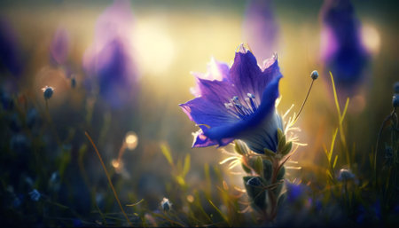 Purple flowers on a meadow in the rays of the setting sunの素材
