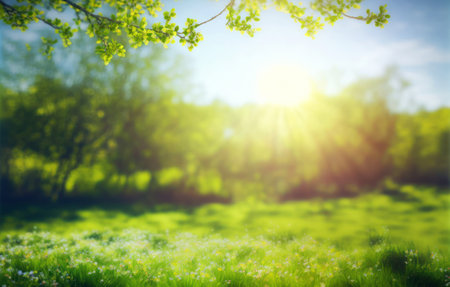 Blurred spring background with bokeh and sun rays. Spring background.の素材