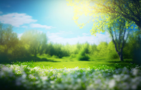 Spring meadow with blooming flowers and green grass. Nature backgroundの素材