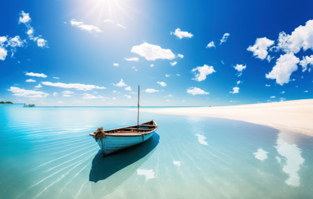Tropical beach with boat and blue sky with white clouds.の素材