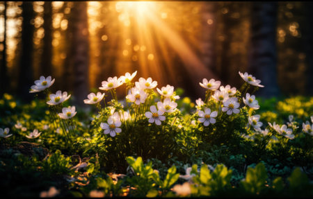 Beautiful spring flowers in the forest at sunset. Nature background.の素材
