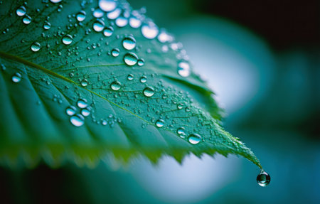 Water droplets on a green leaf after a rain. Shallow DOFの素材
