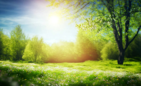 Spring landscape with blooming meadow and trees. Blurred backgroundの素材
