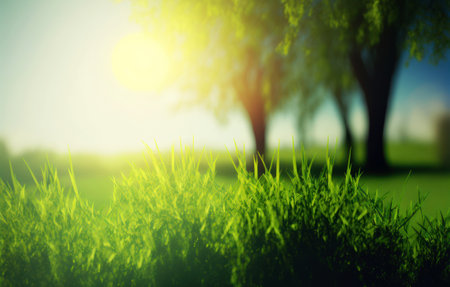 Green grass and tree in sunset light. Nature background. Blurry image.の素材