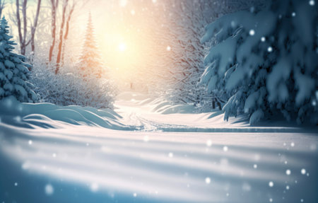 Winter landscape with snow covered trees and sunbeams. Christmas background.の素材