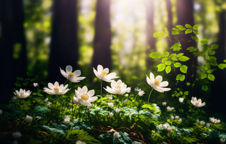 Spring forest with blooming white anemone flowers. Nature backgroundの素材