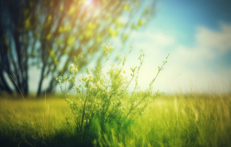 Beautiful spring landscape with grass and flowers. Blurred background.の素材