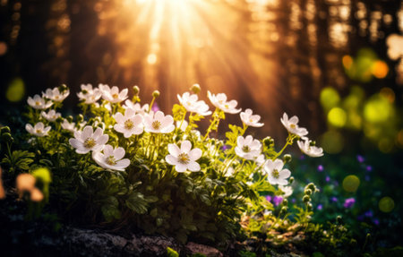 Anemone nemorosa flowers blooming in the forest at sunsetの素材