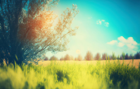 Sunny meadow with trees and grass under blue sky with cloudsの素材