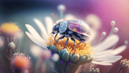 3d illustration of a beetle on a flower in the meadowの素材