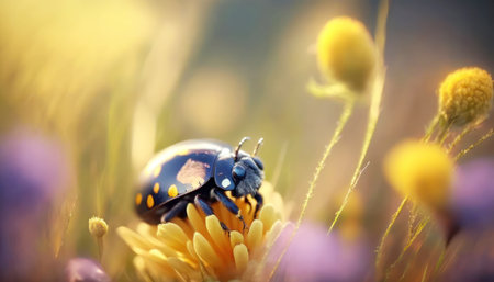 Ladybug on the flower close-up. Beautiful nature scene.の素材