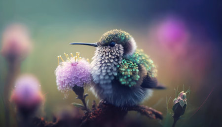 Hummingbird sitting on a flower in the meadow at sunriseの素材