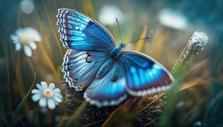 Butterfly in the grass. Beautiful blue butterfly sitting on a flower.の素材