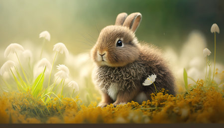 Easter bunny in the meadow with flowers. Easter background.の素材