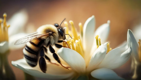 Close up of a bee collecting pollen from a white lotus flowerの素材