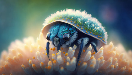 Blue beetle on a flower in the wild. 3d illustration.の素材