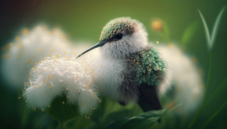cute little bird in the meadow with dandelion flowersの素材
