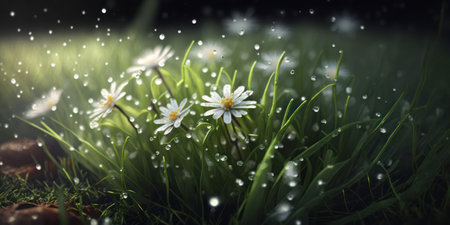 Spring meadow with daisies and raindrops on dark backgroundの素材