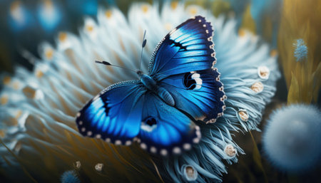 Butterfly on a flower. Blue morpho butterfly on a flower.の素材