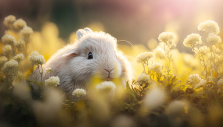 Cute little bunny in the meadow with dandelions.の素材