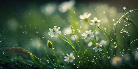 Spring meadow with white flowers and dew drops. Nature backgroundの素材