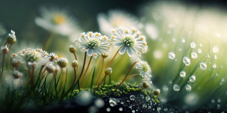 Beautiful green moss and white flowers with dew drops closeupの素材