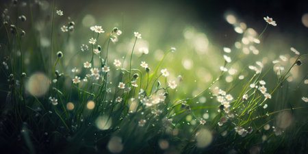 Spring meadow with white flowers and green grass. Soft focus.の素材