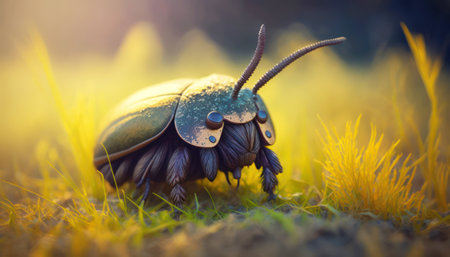 Close up of a beetle on grass in the sunlight. Selective focus.の素材