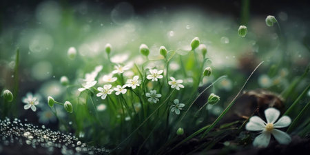 Spring background with white flowers and drops of dew. Nature conceptの素材