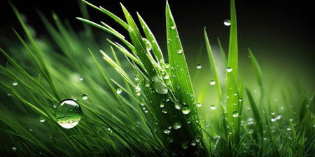 Fresh green grass with dew drops close up. Nature background.の素材
