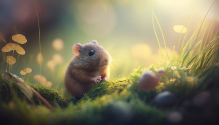 Cute little hamster sitting on moss with easter eggs in forestの素材