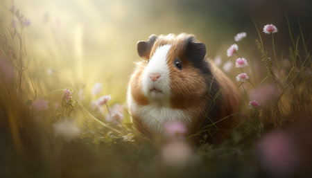 Guinea pig in the meadow with flowers. Cute pet.の素材