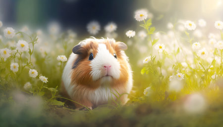 Guinea pig in daisy flowers meadow. Spring concept.の素材
