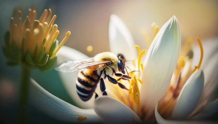 Close up of a bee pollinating a white lotus flower.の素材