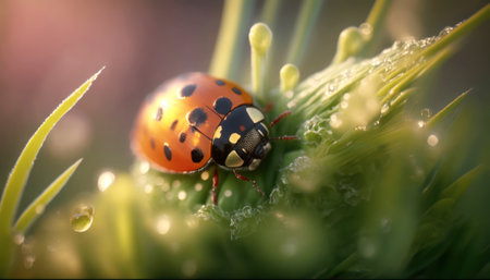 Ladybug on green grass with dew drops. Macro photo.の素材