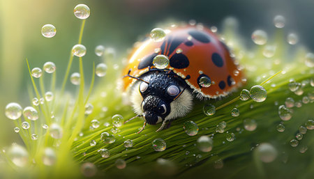 ladybug on green grass with dew drops close-upの素材