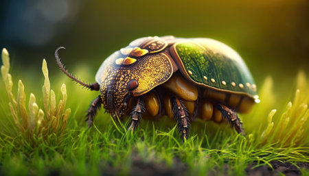 A closeup shot of a beetle on the grass under the sunlightの素材